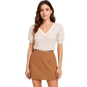 Womens Diamond Pattern Blouse Sheer Puff Sleeve Top Ivory M Preppy Coquette
